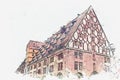 A watercolor sketch or an illustration. View of Frauenkirche church tower on main square in Nuremberg, Germany