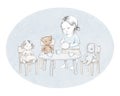 Watercolor sketch with little girl, bear, doll, rabbit, dishes and furniture on oval blue backdrop Royalty Free Stock Photo