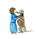 Watercolor illustration of love and friendship beetween child and dog