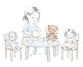 Watercolor sketch with little girl, teddy bear, doll, rabbit, dishes and furniture Royalty Free Stock Photo