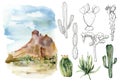 Watercolor and sketch mexican landscapes set. Hand painted constructor with desert cacti, agava, sky and mountain