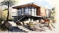 Watercolor Sketch Of Modern House In Nature Royalty Free Stock Photo