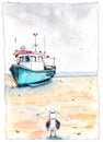 Watercolor sketch of an old boat and a capitan seagull