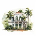 Colonial Watercolor Illustration Of Old Mansion With Palm Trees In Traditional Vietnamese Style