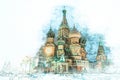 Watercolor sketch painting of St. Basil Cathedral, Moscow Royalty Free Stock Photo