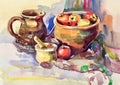 Watercolor sketch painting of still life with vintage tableware Royalty Free Stock Photo