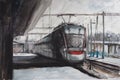 Watercolor sketch of railway station
