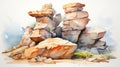 Watercolor Illustration Of Photorealistic Rock Formation In Ndebele Art Style