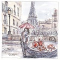 Watercolor sketch of romantic couple in Paris