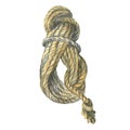 Watercolor illustration of rope roll for camping isolated on white background. Marine rope for your design and decor