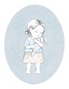 Watercolor sketch with vintage cartoon baby girl with toy hare on oval blue background