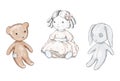 Watercolor sketch with vintage cartoon bear, bunny and doll toys Royalty Free Stock Photo