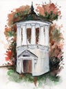 White watercolor gazebo in autumn