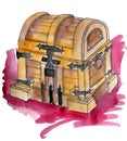 Watercolor sketch of wooden chest on white background Royalty Free Stock Photo