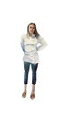 Watercolor sketch of young woman standing in casual closing and smiling. Full body hand paint illustration of brunette girl, Royalty Free Stock Photo