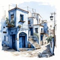 Watercolor sketches of beautiful Moroccan houses with vibrant plant lined streets in a picturesque setting