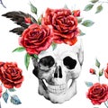 Watercolor skull and roses pattern