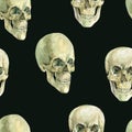 Watercolor skull seamless pattern, creepy skull texture on black