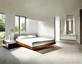 Watercolor of Sleek contemporary bedroom with a luxurious and modern white