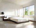 Watercolor of Sleek contemporary bedroom with a luxurious and modern white