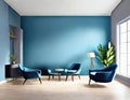 Watercolor of Sleek living room with blue coral and wood