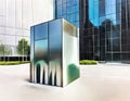 Watercolor of a sleek metal mailbox in front of a modern glass building