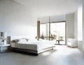 Watercolor of Sleek white bedroom with luxurious modern