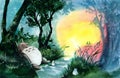 Watercolor sleeping totoro in the forest