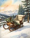 Watercolor Sleigh in the mountains decorated at Christmas Royalty Free Stock Photo