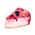 Watercolor slice of cake with pink fruit jelly qiwi and strawberry.