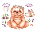 Watercolor sloth on a white background with boho-style toys