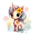 Watercolor small cute unicorn with flowers on white background
