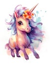 Watercolor small cute unicorn with flowers on white background
