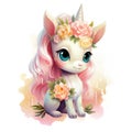 Watercolor small cute unicorn with flowers on white background