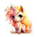 Watercolor small cute unicorn with flowers on white background