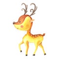 Watercolor small deer with horns and spots. Cute cartoon animal is coming.Isolated image on a white background. Royalty Free Stock Photo