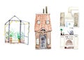 Watercolor small house, green house and cozy kitchen