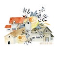 Watercolor small town elements with floral elements