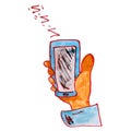 Watercolor smart phone touch hand holds drawing cartoon style is