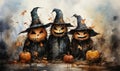 Watercolor, smiling pumpkins in hats, Halloween celebration.