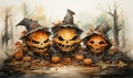 Watercolor, smiling pumpkins in hats, Halloween celebration.