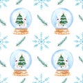 Watercolor snow globe. Christmas seamless pattern with fir-tree branches, snowman