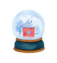 Watercolor snow globe with house, christmas tree, hoarfrost. Illustration with blue snow bubble for christmas decor, new year Royalty Free Stock Photo