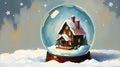 Watercolor snow globe with a house covered in snow with falling snowflakes Royalty Free Stock Photo