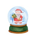 Watercolor snow globe with santa claus, christmas tree and hoarfrost. Hand drawn illustration for greeting cards, souvenirs, Royalty Free Stock Photo