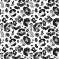 Watercolor snow leopard or cheetah seamless pattern. Monochrome wild animal coat print with black and grey spots on white