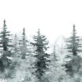 Watercolor snow winter forest landscape background with space for text. Snowy pine and spruce trees on white backdrop Royalty Free Stock Photo
