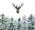 Watercolor snow winter spruce forest landscape and red deer isolated on white background. Christmas illustration Royalty Free Stock Photo