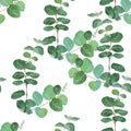 Watercolor snowberry branch with green leaves seamless pattern