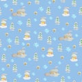 Watercolor Snowflakes and houses seamless pattern soft blue background pattern Christmas pattern Cute pattern Royalty Free Stock Photo